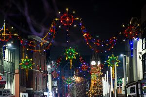 Christmas Lights above Leicester high street leading to the clock tower